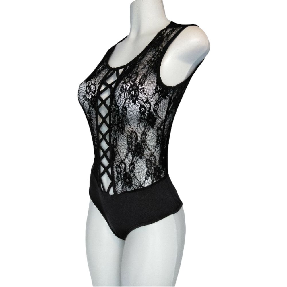 Yimai Sheer Mesh Lace Bodysuit Size M Black Sleeveless Lightweight Sexy Top NWT - Picture 2 of 12